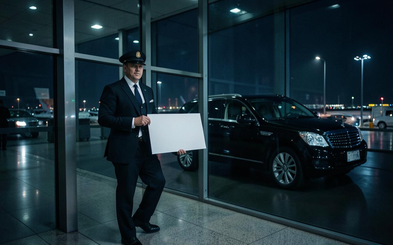 Chauffeur waiting at an airport arrivals hall at night