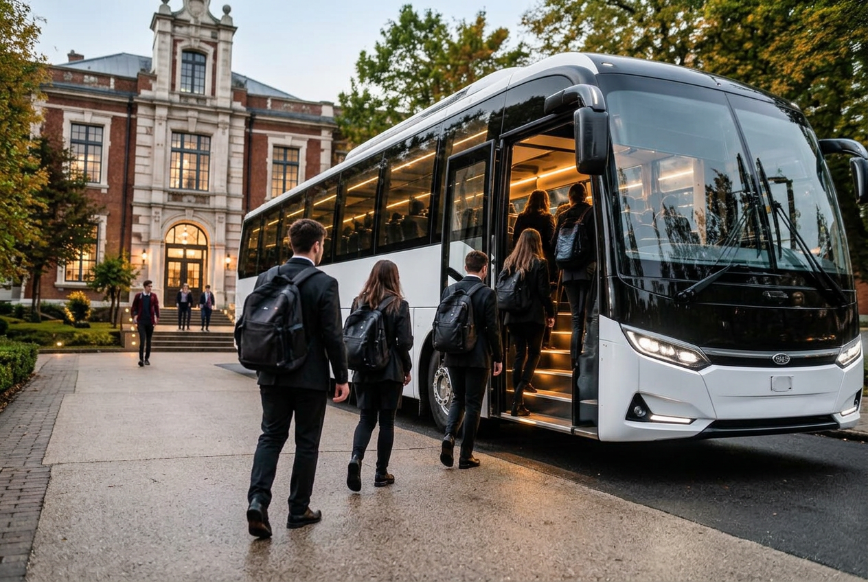 Students boarding a Modern Travel shuttle bus at a school campus at dusk