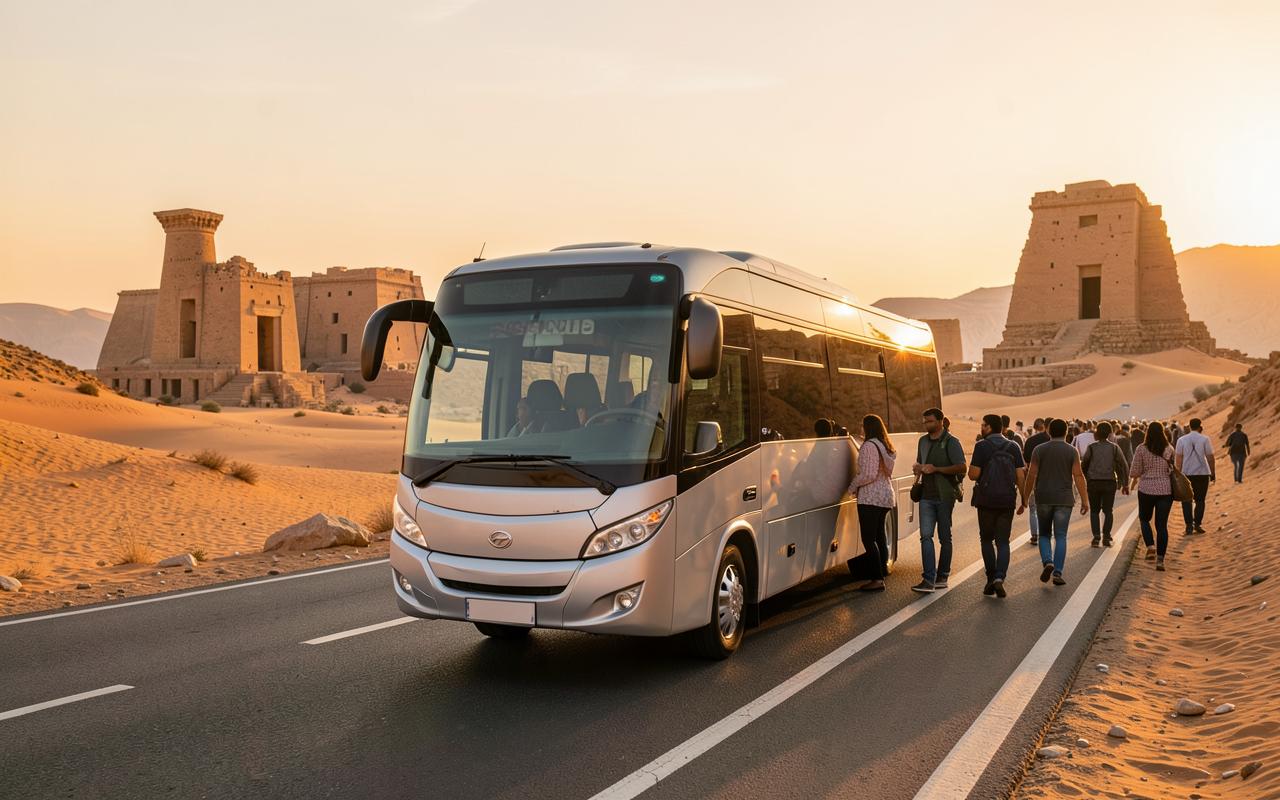 Touring minibus on an Egyptian desert road at sunset